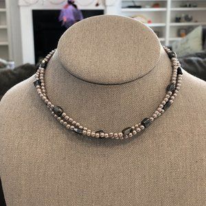 NEW! Double Strand Beaded Choker Necklace 14.25" Long Pearl Gray & Black Beads